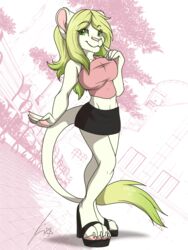  alpha_channel anthro apes avoid_posting blonde_hair bottomwear breasts clothed clothing felid female green_eyes hair hi_res lion looking_at_viewer mammal midriff navel pantherine skirt smile solo standing 