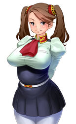  arms_behind_back ascot belt belt_buckle breasts brown_eyes brown_hair buckle commentary_request female gundam gundam_build_fighters gundam_build_fighters_try hair_ornament high-waist_skirt highres large_breasts long_hair looking_at_viewer pantyhose photoshop_(medium) red-p sazaki_kaoruko shirt simple_background skirt smile solo taut_clothes taut_shirt twintails white_background 