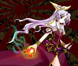  belt bracelet buckle commentary_request female hair_ribbon high_ponytail jewelry light_purple_hair long_hair pfalz pink_hair ponytail red_eyes ribbon scabbard sheath solo sword touhou watatsuki_no_yorihime weapon 