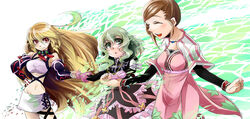  3girls ahoge bare_shoulders breasts choker closed_eyes dress driselle_sharil elbow_gloves elize_lutus frills gloves green_eyes green_hair hair_ornament hand_holding midriff milla_maxwell multicolored_hair multiple_girls navel open_mouth red_hair ribbon short_hair skirt smile tales_of_(series) tales_of_xillia very_long_hair 