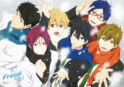  all_male aqua_eyes black_hair blonde_hair blue_eyes brown_hair free! green_eyes group hazuki_nagisa logo male matsuoka_rin nanase_haruka purple_eyes red_eyes red_hair ryugazaki_rei scarf seifuku tachibana_makoto tagme_(artist) tie winter yamazaki_sousuke 