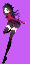  ayumi_(xiwu) black_hair black_thighhighs blue_eyes circle_skirt commentary_request fate/stay_night fate_(series) female full_body gem highres jewelry long_hair long_legs necklace photoshop_(medium) purple_background simple_background solo thighhighs tohsaka_rin two_side_up zettai_ryouiki 