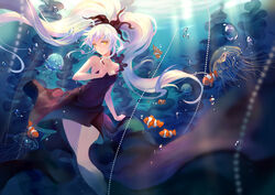  animal bubbles criin_(659503) dress fish long_hair original ponytail underwater water white_hair yellow_eyes 