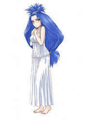  barefoot big_hair blue_hair blush breasts chrono_trigger closed_mouth commentary_request dress female full_body green_eyes hands_up large_breasts long_dress long_hair looking_at_viewer low-tied_long_hair nightgown queen_zeal s-a-murai simple_background solo standing topknot very_long_hair white_background white_dress 