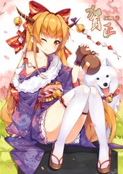  2018 bell bow braid canine cherry_blossoms chinese_commentary closed_mouth commentary_request convenient_leg dango_remi female gourd hairbow hand_up highres holding horn_bell horns ibuki_suika japanese_clothes kimono knees_together_feet_apart looking_at_viewer obi off_shoulder one_eye_closed orange_eyes orange_hair petals red_bow sandals sash sitting smile solo thighhighs touhou white_thighhighs wrist_cuffs 