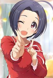  ahoge antenna_hair bad_id bad_pixiv_id blue_hair blurry blush breasts depth_of_field female fur_sweater hitotsuki_nanoka idolmaster idolmaster_(classic) index_finger_raised koi_dance large_breasts looking_at_viewer miura_azusa one_eye_closed open_mouth red_eyes short_hair smile solo 