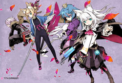  1boy 3girls 7th_dragon 7th_dragon_(series) animal_ears bell blonde_hair blue_eyes blue_hair bodysuit boots collar commentary_request hair_ornament ikurakun_(7th_dragon) katana mage_(7th_dragon) miwa_shirow momomeno_(7th_dragon) multiple_girls namuna_(7th_dragon) petals princess_(7th_dragon) purple_eyes rogue_(7th_dragon) samurai_(7th_dragon_series) scarf staff stuffed_animal stuffed_rabbit stuffed_toy sword weapon white_hair yac_(7th_dragon) 