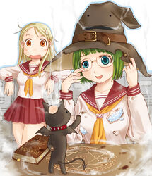  2girls bad_id bad_pixiv_id blonde_hair blue_eyes book bra burnt_clothes copyright_request feline glasses green_hair hat lingerie long_hair magic_circle magic_research multiple_girls school_uniform short_hair skirt sweatdrop takagi_hideaki tears underwear witch_hat 