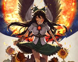  bow brown_hair cropped dress fire flowers orange_eyes reiuji_utsuho sunflower touhou usui_ryuu wings 