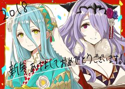  2018 2girls azura_(fire_emblem) azura_(new_year)_(fire_emblem) bad_id bad_twitter_id blue_hair breasts camilla_(fire_emblem) camilla_(new_year)_(fire_emblem) cleavage fire_emblem fire_emblem_fates fire_emblem_heroes hair_between_eyes hair_over_one_eye highres japanese_clothes kimono large_breasts lips long_hair looking_at_viewer multiple_girls purple_hair smile tiara translated ttt_1214 very_long_hair wavy_hair yellow_eyes 