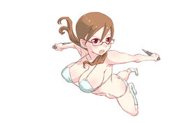  bad_id bad_pixiv_id bikini blush boots breasts brown_hair butt_crack dual_wielding female glasses holding inui_sanagi kunai large_breasts long_hair open_mouth original outstretched_arms photoshop_(medium) red_eyes sideboob solo spread_arms strap_gap swimsuit twintails weapon white_bikini 