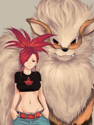  arcanine babydoll_t-shirt belt breasts commentary_request crop_top cropped_shirt denim female flannery_(pokemon) groin hair_over_one_eye hands_in_pockets highvoltage jeans long_hair lowleg lowleg_pants medium_breasts midriff narrow_waist navel pants pokemon pokemon_(creature) pokemon_rse ponytail red_eyes red_hair smile 