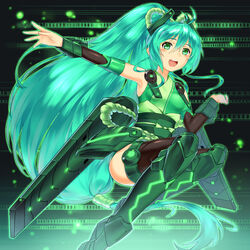  armor bare_shoulders blush bow breasts commentary_request female gauntlets greaves green_eyes green_hair headgear japanese_clothes light_particles long_hair medium_breasts solo suika01 very_long_hair vividgreen vividred_operation 