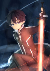  1boy amemiya_ruki black_eyes black_hair commentary_request elf energy glowing glowing_sword glowing_weapon highres holding holding_sword holding_weapon kirito kirito_(sao-alo) long_sword_(sao) magic photoshop_(medium) pointy_ears short_hair sword sword_art_online weapon 