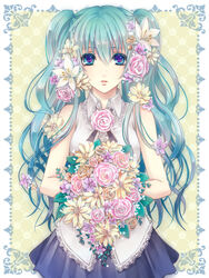  bad_id bad_pixiv_id bare_shoulders blue_eyes blue_hair bouquet female flower hair_flower hair_ornament hatsune_miku long_hair solo twintails vocaloid yamaneko514 