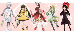  5girls :o bare_shoulders baseball_bat black_hair blue_eyes boots bracelet breasts cape charlotte_(madoka_magica) choker commentary_request computer daniyyel+jennifer detached_sleeves doll dress elbow_gloves elsa_maria_(madoka_magica) flower gertrud_(madoka_magica) gisela_(madoka_magica) gloves green_eyes green_hair grey_eyes h.n.elly_(kirsten) hair_flower hair_ornament hair_over_eyes hair_over_one_eye hair_ribbon hairband high_heels highres jewelry knife laptop long_hair magical_girl mahou_shoujo_madoka_magica mahou_shoujo_madoka_magica_(anime) mary_janes medium_breasts multiple_girls nail nail_bat necklace neri_gozu own_hands_clasped own_hands_together pantyhose personification pink_hair pleated_skirt red_eyes red_flower red_rose ribbon rose scarf scissors shoes short_hair short_twintails silver_hair skirt sleeves_past_wrists small_breasts smile striped sun sword twintails weapon 