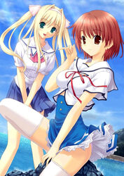  2girls artist_request blonde_hair blue_eyes brown_eyes hayama_umi kono_aozora_ni_yakusoku_wo long_hair multiple_girls photoshop_(medium) red_hair sawaki_rinna school_uniform short_hair thighhighs twintails 