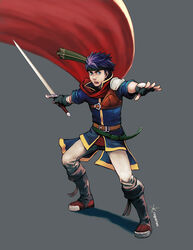  1boy artist_name bad_deviantart_id bad_id bandana belt blue_eyes blue_hair boots cape fighting_stance fingerless_gloves fire_emblem fire_emblem:_path_of_radiance full_body gloves grey_background ike_(fire_emblem) male_focus photoshop_(medium) red_cape roguetwo simple_background solo sword weapon 