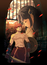  1boy adol_christin brown_hair closed_eyes enami_katsumi female gloves grey_eyes hair_ornament long_hair looking_up muscular official_art own_hands_clasped own_hands_together pants petals praying red_hair scar shield short_hair sky sunset sword tia_(ys) topless_male torn_clothes weapon ys ys_seven 