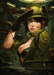  black_gloves black_hair breasts brown_eyes cockpit commentary dirty english_commentary female gloves headset jacket large_breasts lipstick makeup military military_vehicle motor_vehicle open_clothes open_jacket original photoshop_(medium) realistic russian_text salute short_hair solo tank tank_interior translated uniform unzipped wen_juinn 