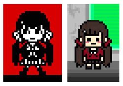  blush_stickers danganronpa_(series) danganronpa_v3:_killing_harmony fake_screenshot female hair_ornament hairclip harukawa_maki jpeg_artifacts long_hair low_twintails multiple_views pixel_art protected_link school_uniform scrunchie serafuku skirt torimeshi_(shiroichi) twintails 