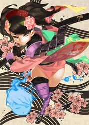  92m armor black_hair brown_eyes cherry_blossoms comb commentary_request female flower gauntlets hair_flower hair_ornament hitodama holding holding_sword holding_weapon japanese_armor japanese_clothes katana left-handed looking_at_viewer momohime momohime_(hitodama) oboro_muramasa possessed purple_thighhighs sheath shoulder_armor sode solo sword thighhighs unsheathing weapon 