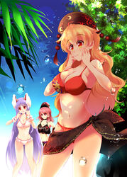  3girls animal_ears bare_legs bikini black_bikini blonde_hair blue_sky breasts bubble choker cleavage clothes_writing commentary_request crescent day fengguan front-tie_top hands_on_own_cheeks hands_on_own_face hat heart hecatia_lapislazuli highres junko_(touhou) large_breasts long_hair looking_at_another medium_hair multiple_girls navel open_mouth orange_eyes outdoors parted_lips photoshop_(medium) plant purple_hair rabbit_ears red_bikini red_eyes red_hair reisen_udongein_inaba sarong sky standing sunlight swimsuit tassel touhou usuusu very_long_hair wavy_hair white_bikini wrist_cuffs 