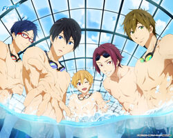  all_male black_hair blonde_hair blue_eyes blue_hair brown_hair free! goggles green_eyes group hazuki_nagisa logo male matsuoka_rin nanase_haruka red_eyes red_hair ryugazaki_rei swimsuit tachibana_makoto tagme_(artist) topless water 