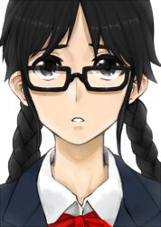  black-framed_eyewear black_eyes black_hair bow bowtie braid collared_shirt commentary_request female freckles glasses jimiko long_hair looking_at_viewer madarame original portrait red_bow red_bowtie school_uniform shirt solo transparent_background twin_braids twintails white_shirt wing_collar 