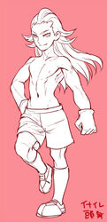  1boy bad_id bad_pixiv_id hs2 inazuma_eleven inazuma_eleven_(series) long_hair male_focus monochrome muscular muscular_male navel senguuji_yamato simple_background smile solo topless_male 