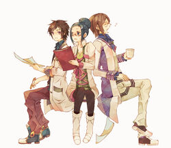  2boys balan black_hair blue_eyes blue_hair boots breasts brown_hair closed_eyes coat dress female frills hair_bun jude_mathis mary_(tales) multiple_boys open_mouth pants pantyhose pencil purple_eyes ribbon shoes short_hair tales_of_(series) tales_of_xillia tales_of_xillia_2 