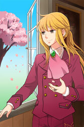  1boy androgynous ascot blonde_hair cherry_blossoms commentary_request fysr grey_eyes jewelry male_focus petals photoshop_(medium) ponytail ring sky smile solo tree umineko_no_naku_koro_ni ushiromiya_lion wind window 