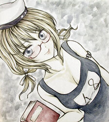  blonde_hair blue_eyes book breasts cleavage collarbone commentary_request dutch_angle eyelashes female glasses grey_background hair_ribbon hat hazuki_iku highres holding i-8_(kancolle) kantai_collection light_smile long_hair looking_at_viewer medium_breasts nametake one-piece_swimsuit photoshop_(medium) ribbon school_swimsuit semi-rimless_eyewear solo swimsuit under-rim_eyewear upper_body 