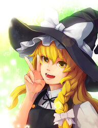  blonde_hair braid commentary_request elrowa female hat highres kirisame_marisa long_hair open_mouth portrait smile solo star_(symbol) touhou v witch_hat yellow_eyes 