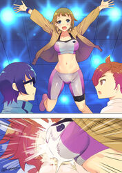  2boys bike_shorts blue_eyes blue_hair breast_smother breasts brown_hair commentary_request dougi face_to_breasts female glasses gundam gundam_build_fighters gundam_build_fighters_try highres hoshino_fumina imminent_hug jacket jumping kamiki_sekai karate_gi kousaka_yuuma midriff mizuta_kenji multiple_boys navel photoshop_(medium) red_hair sports_bra tears two-tone_sports_bra 