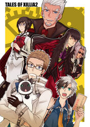  beard belt bisley_karcsi_bakur blue_eyes breasts brown_hair coat copyright_name dark_skin feline fingerless_gloves fur glasses gloves grey_hair grin hair_bun ivar_(tales) jacket julius_will_kresnik long_hair ludger_will_kresnik lulu_(tales) multicolored_hair necktie open_mouth pants pantyhose ponytail purple_eyes ribbon rideau_(tales) short_hair skirt sunglasses tales_of_(series) tales_of_xillia_2 vel_(tales) very_long_hair yellow_background yellow_eyes 