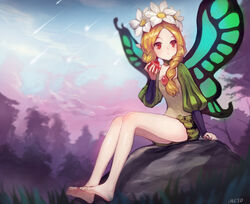  apple barefoot blonde_hair braids cropped flowers fruit long_hair mercedes meto31 odin_sphere pointed_ears red_eyes twintails wings 