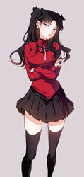  alternate_breast_size ayumi_(xiwu) black_hair black_thighhighs blue_eyes breasts commentary_request cross crossed_arms fate/stay_night fate_(series) female grey_background hair_ribbon highres large_breasts long_hair long_sleeves looking_at_viewer open_mouth photoshop_(medium) pleated_skirt red_sweater ribbon skirt solo standing sweater thighhighs tohsaka_rin two_side_up zettai_ryouiki 