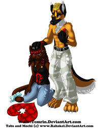  abs anthro athletic belt biceps blizzard_entertainment bottomwear canid canine canis claws clothed clothing domestic_cat domestic_dog duo felid feline felis female german_shepherd herding_dog kneeling male mammal muscular pants pastoral_dog pecs puzzle shirt simple_background tabby_cat tank_top temrin toe_claws topless topwear warcraft white_background 