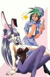  2girls 90s animal_ears ass baiko bangs bare_shoulders black_leotard breast_press breasts bunny_ears bunny_girl bunny_outfit bunny_tail bunnysuit cleavage curvy detached_collar drill_hair earrings eyebrows_visible_through_hair fake_animal_ears female green_hair happy headband high_ponytail large_breasts leotard long_hair looking_at_viewer makeup multiple_girls nurse pantyhose ponytail saber_marionette_j scan shiny shiny_hair shiny_skin silver_hair simple_background sitting smile solo tail tamasaburou_(saber_j) thighhighs very_long_hair wink 