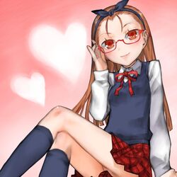  adjusting_eyewear blush brown_hair commentary_request crossed_legs female glasses hairband heart idolmaster idolmaster_(classic) kakashichi lips long_hair minase_iori no_panties orange_eyes pleated_skirt red-framed_eyewear school_uniform semi-rimless_eyewear sitting skirt smile socks solo sweater sweater_vest the_best_schoolmate_(idolmaster) under-rim_eyewear 