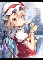  blonde_hair blush breath cityscape closed_mouth commentary_request crystal female flandre_scarlet frilled_sleeves frills from_side hair_between_eyes hat hat_ribbon heart heart_print holding letterboxed looking_to_the_side mittens mob_cap motion_blur outdoors pom_pom_(clothes) puffy_short_sleeves puffy_sleeves railing red_eyes red_ribbon red_shirt ribbon sailor_collar shiero. shirt short_sleeves smile snowing solo tareme touhou upper_body white_hat wings yellow_mittens 