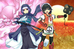  2girls adapted_costume alternate_costume armor black_hair blue_eyes blue_hair commentary_request green_eyes gunbai hand_fan hat hood japanese_armor japanese_clothes katana kote kumoi_ichirin multiple_girls murasa_minamitsu saemon_(tonpura) sailor_hat samurai sengoku_jidai sheath sheathed short_hair shoulder_armor sode sword takeda_shingen thighhighs touhou uesugi_kenshin unzan war_fan weapon 