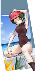  armpits bad_id bad_pixiv_id breasts cabbie_hat female green_hair hat highres large_breasts leotard ocean reverie_(artist) sayonara_zetsubou_sensei short_hair socks solo tsunetsuki_matoi 