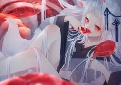  animal_ears bare_shoulders black_nails blood blood_on_clothes blood_on_face blue_ribbon blurry blurry_foreground collarbone commentary_request depth_of_field eating female fingernails food food_in_mouth fox_ears fox_tail grey_kimono hair_ribbon hands_up highres holding holding_food japanese_clothes kimono kitsune long_hair long_sleeves looking_at_viewer meat multiple_tails nail_polish original red_eyes ribbon short_eyebrows solo tail thick_eyebrows tsuki_mitsu very_long_hair white_hair wide_sleeves 