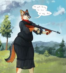  1920s 2021 anthro belly belly_overhang canid canine cettus clothing cloud day detailed_background dialogue dress ear_piercing english_text female fox grass gun hi_res holding_object holding_weapon ilona_spruyterveldt love_handles m1_thompson mammal muffin_top outside piercing plant ranged_weapon sky slightly_chubby slightly_chubby_anthro slightly_chubby_female solo speech_bubble standing submachine_gun text thompson_gun tight_clothing tree weapon 