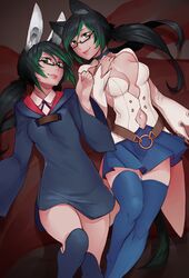  2girls animal_ear_fluff animal_ears black-framed_eyewear black_hair blue_robe blue_skirt blue_thighhighs breasts cat_ears cat_tail choker commentary cosplay dual_persona english_commentary glasses gradient_hair green_eyes green_hair hand_on_own_chest highres kagari_atsuko kagari_atsuko_(cosplay) less little_witch_academia long_hair looking_at_viewer lying medium_breasts multicolored_hair multiple_girls navel on_back original pleated_skirt rabbit_ears rectangular_eyewear robe semi-rimless_eyewear shiny_chariot shiny_chariot_(cosplay) skirt smile tail tharkis thighhighs twintails under-rim_eyewear wide_sleeves 