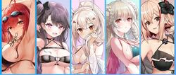  5girls alternate_costume artist_request ayanami_(azur_lane) azur_lane bikini breasts cleavage collaboration formidable_(azur_lane) formidable_(the_lady_of_the_beach)_(azur_lane) gamers! hair_tie_in_mouth holding holding_own_hair italian_flag looking_at_viewer mouth_hold multiple_girls official_alternate_costume official_art okanoyuno pamiat_merkuria_(azur_lane) promotional_art roon_(azur_lane) saipaco simple_background swimsuit tying_hair upper_body yuko_(uc_yuk) zara_(azur_lane) zara_(poolside_coincidence)_(azur_lane) 