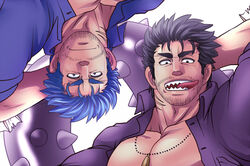  2boys arm_behind_head bad_id bad_pixiv_id bara black_eyes black_hair blue_hair close-up dagon_(housamo) facial_hair fish_boy jewelry long_sideburns male_focus multiple_boys muscular muscular_male necklace pectorals sharp_teeth short_hair sideburns stubble sunfight0201 teeth tentacle tentacles_on_male tokyo_afterschool_summoners tongue tongue_out triton_(housamo) upper_body 