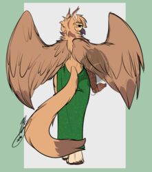  anthro avian backless_clothing backless_dress bare_back bird clothing dress exposure_variation feathered_wings feathers female green_clothing green_dress gryphon looking_back mythological_avian mythological_creature mythology owl rear_view simple_background solo sona_(noxiis) tifa_(artist) walking watermark wide_hips wings yellow_eyes 